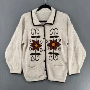 Embroidered Button Front Grannycore Folk Art Cardigan Sweater Womens M? Cream‎
